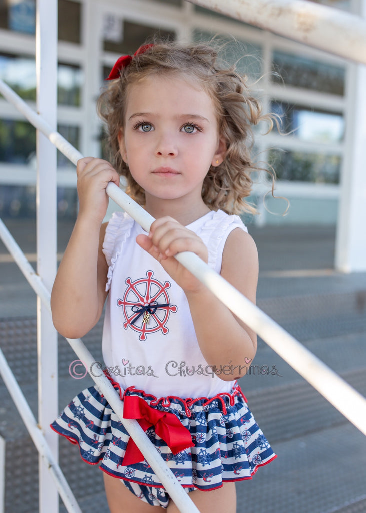 Conjunto bebe niña camiseta y braga con volantes de rayas verdes y blancas  Nekenia