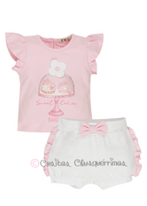 Conjunto bebé niña camiseta rosa y pantalón corto blanco volantes de EMC