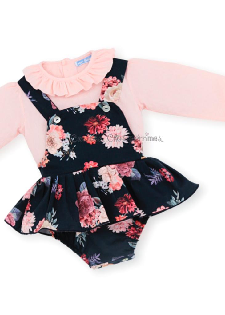 Peto faldita volante y blusa  bebé niña azul marino  Familia "Flower Code"  de Mac Ilusión