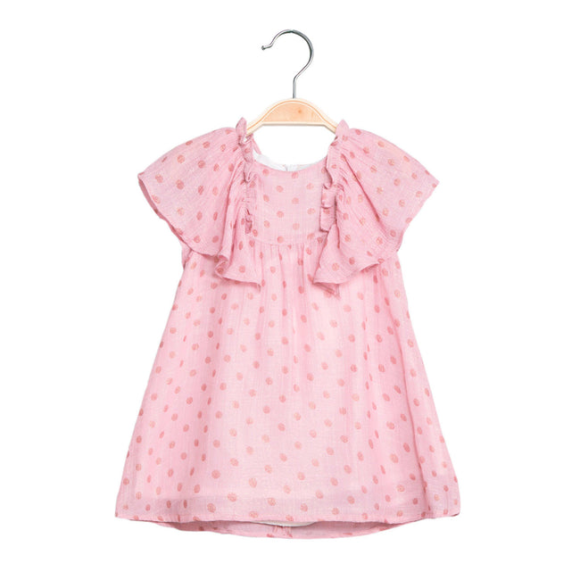 Vestido bebe niña topos y volantes rosa perla de Dadati