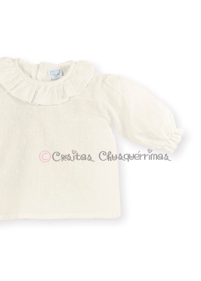 Camisa bebé niña plumeti blanca o crudo cuello redondo de Mac Ilusión