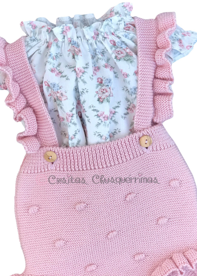 Conjunto bebé  niña ranita tirantes rosa empolvado y blusa de Valentina Bebés