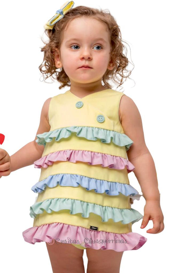 Vestido infantil niña amarillo volantes, multicolor, detalle dos botones adorno en el pecho, estilo frances, braquita a juego, Colección Multicolor de Nekenia.