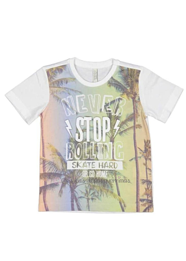 Camiseta niño manga corata Blanca con print (estampado) super veraniega "Never stop rolling skate hard or go home" de Birba Trybeyond