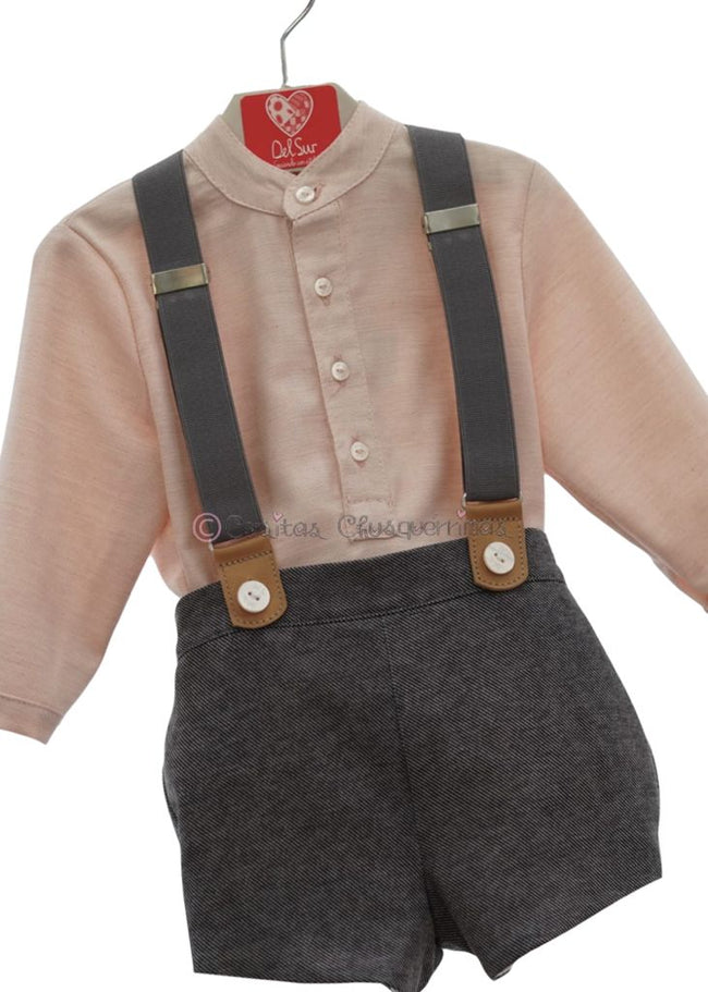 Conjunto bebé niño camisa y pantalon rosa empolvado y gris marengo Familia Pirita de Del Sur