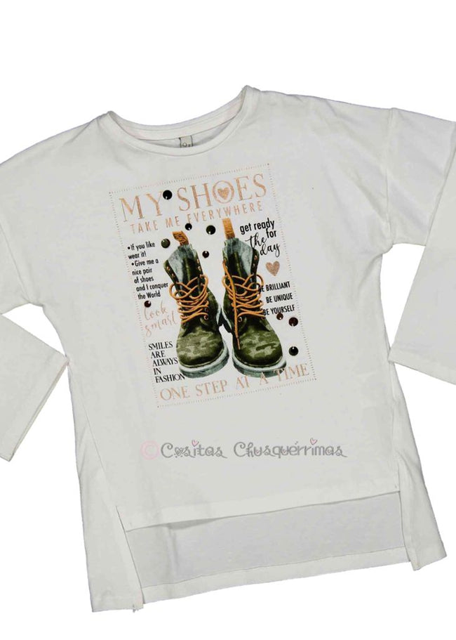 Camiseta niña blanco print botas verdes brilli brilli de Birba Trybeyond