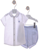 Conjunto bebé niño camisa y pantalón corto piccolino celeste Familia Parchis de Marta y Paula